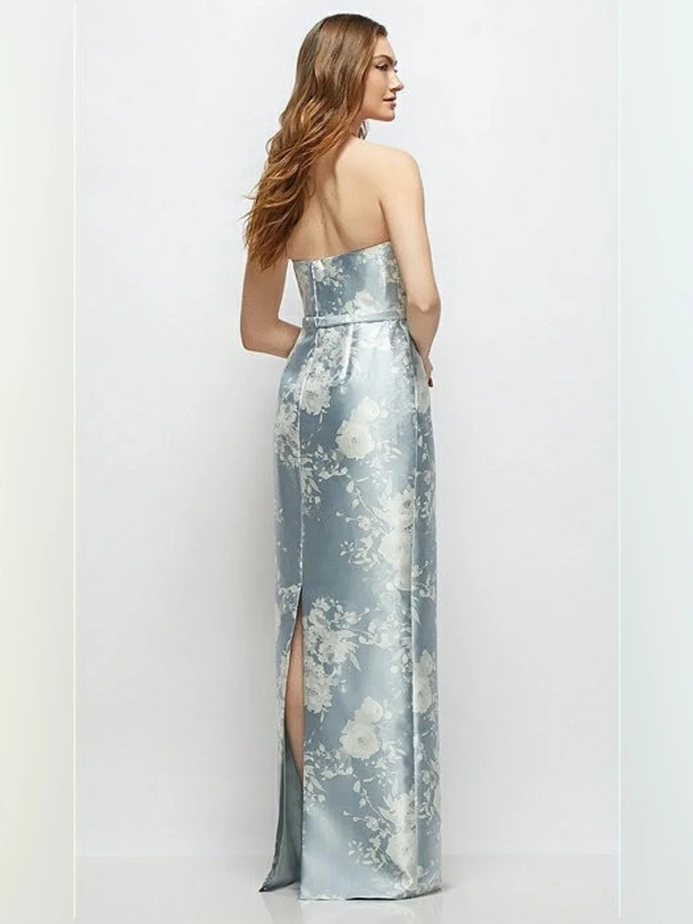 Alfred Sung 6 STRAPLESS SATIN COLUMN DRESS IN PORCELAIN BLUE SERAPHINA FLORAL - Picture 2 of 11